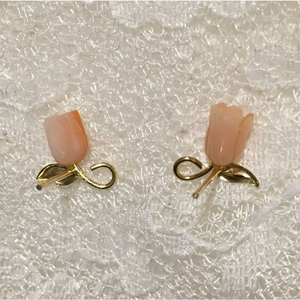 14K Gold Angel Skin Earrings Carved Rose Tulip Floral